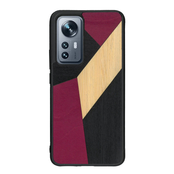 Coque de protection en bois véritable fabriquée en France pour Xiaomi Mi 12 5G alliant du bambou, du tulipier rose et noir en forme de mosaïque minimaliste sur le thème de l'art abstrait