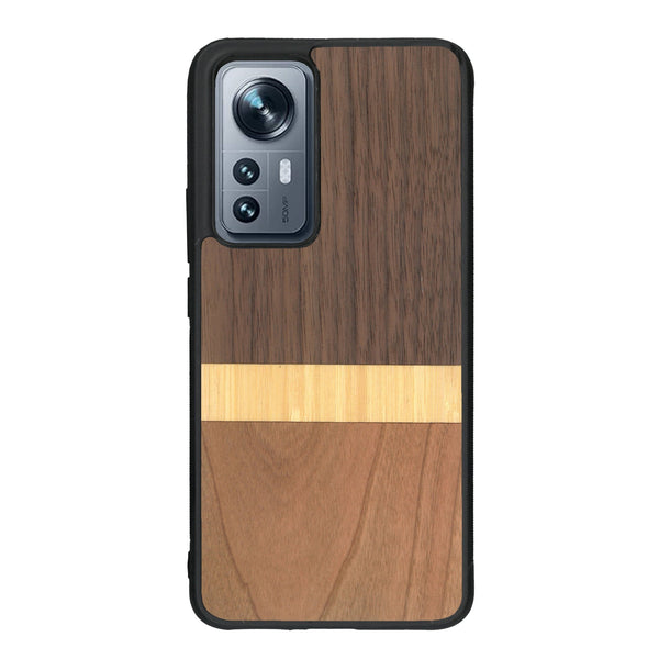 Coque de protection en bois véritable fabriquée en France pour Xiaomi Mi 12 5G alliant des bandes horizontales de bambou, merisier et noyer