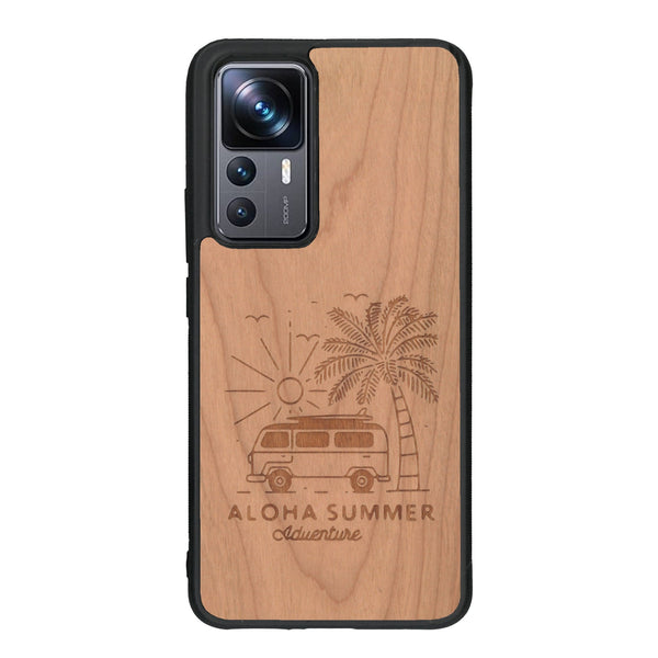 Coque de protection en bois véritable fabriquée en France pour Xiaomi Mi 12T Pro sur le thème de la plage, de l'été et vanlife.