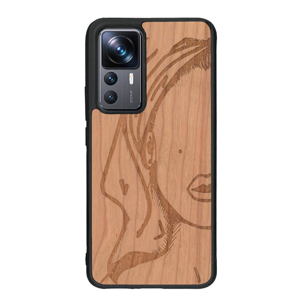 Coque de protection en bois véritable fabriquée en France pour Xiaomi Mi 12T Pro représentant une silhouette féminine épurée de type line art en collaboration avec l'artiste Maud Dabs