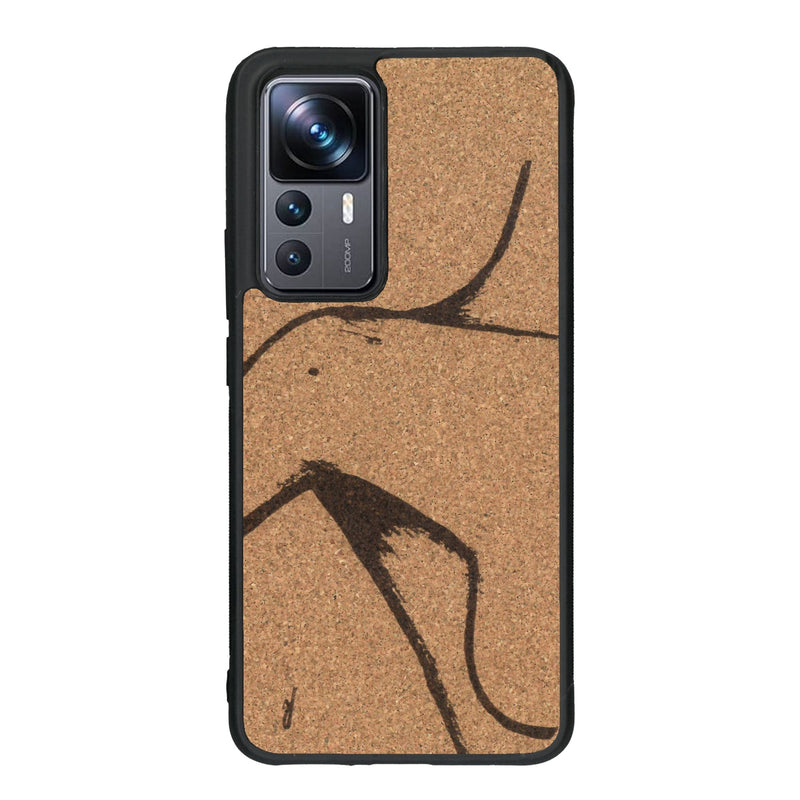 Coque de protection en bois véritable fabriquée en France pour Xiaomi Mi 12T Pro représentant une silhouette féminine dessinée à la main par l'artiste Maud Dabs