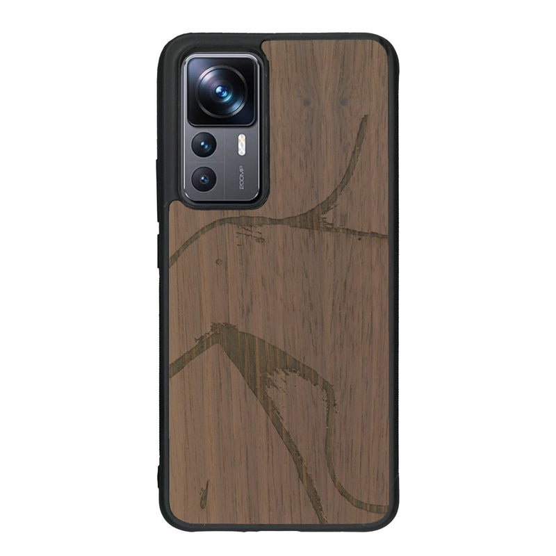 Coque de protection en bois véritable fabriquée en France pour Xiaomi Mi 12T Pro représentant une silhouette féminine dessinée à la main par l'artiste Maud Dabs