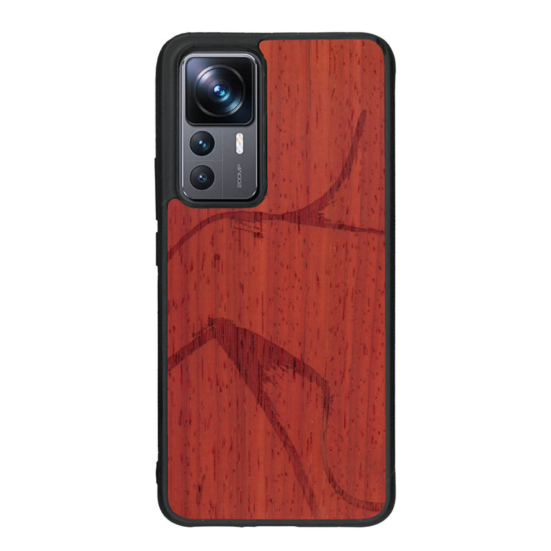 Coque de protection en bois véritable fabriquée en France pour Xiaomi Mi 12T Pro représentant une silhouette féminine dessinée à la main par l'artiste Maud Dabs