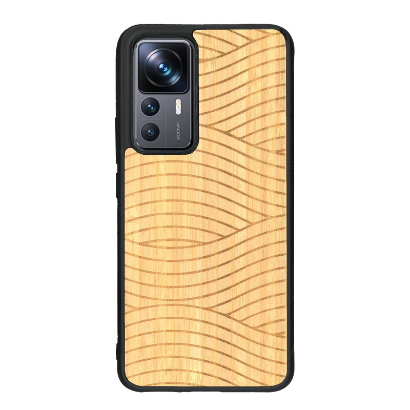 Coque de protection en bois véritable fabriquée en France pour Xiaomi Mi 12T Pro avec un motif moderne et minimaliste sur le thème waves et wavy représentant les vagues de l'océan