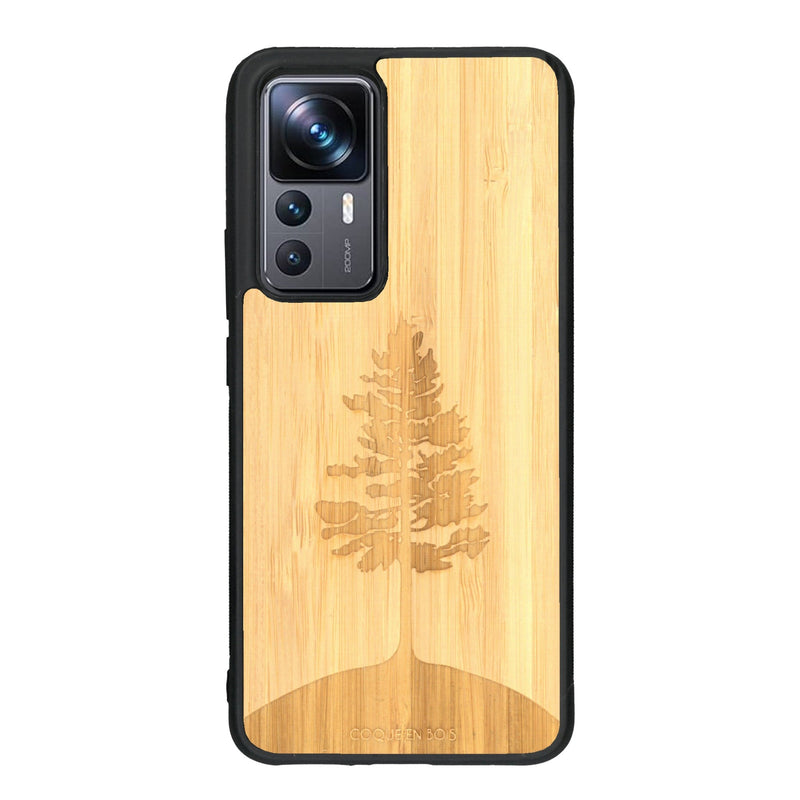 Coque de protection en bois véritable fabriquée en France pour Xiaomi Mi 12T Pro sur le thème de la nature, de la fôret et de l'écoresponsabilité avec une gravure représentant un arbre 