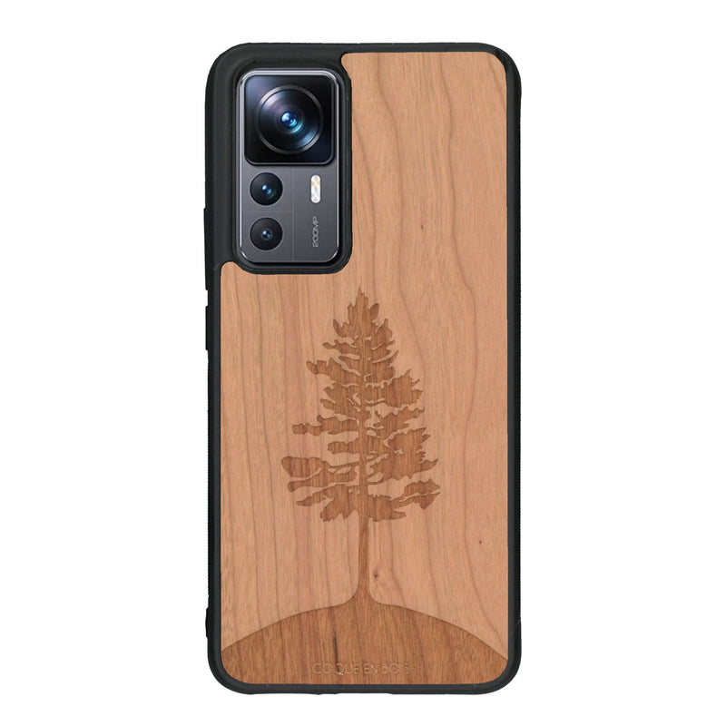 Coque de protection en bois véritable fabriquée en France pour Xiaomi Mi 12T Pro sur le thème de la nature, de la fôret et de l'écoresponsabilité avec une gravure représentant un arbre 