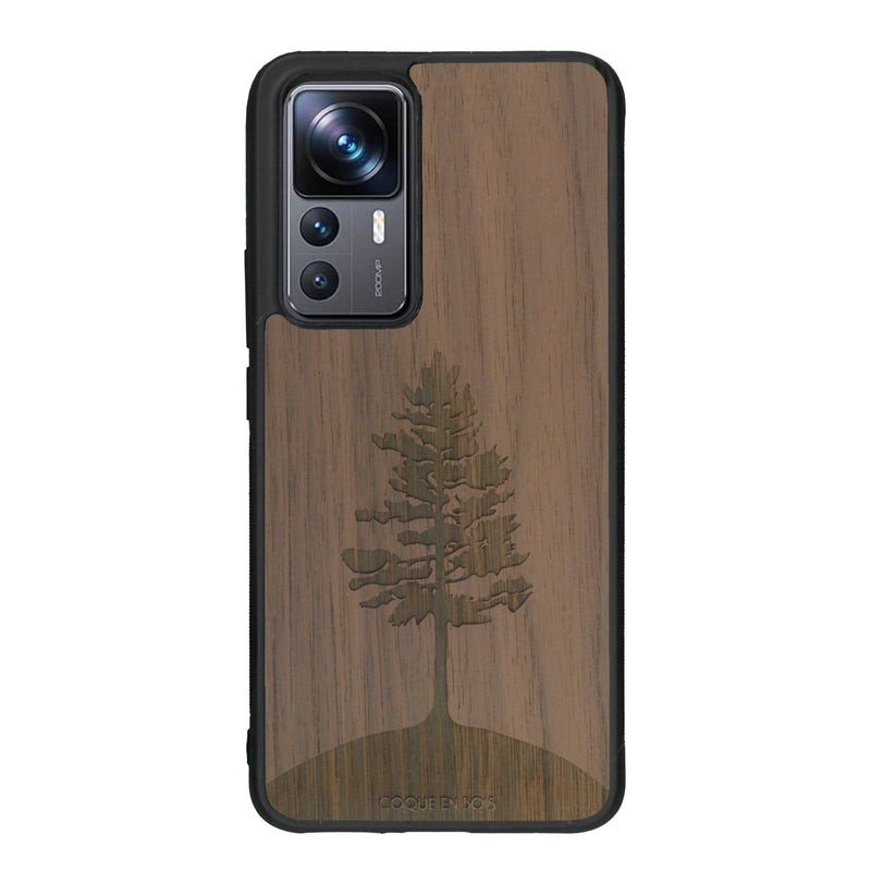 Coque de protection en bois véritable fabriquée en France pour Xiaomi Mi 12T Pro sur le thème de la nature, de la fôret et de l'écoresponsabilité avec une gravure représentant un arbre 