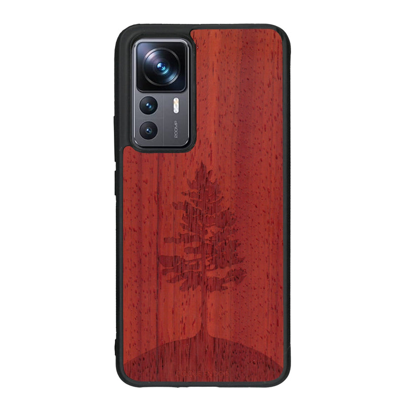 Coque de protection en bois véritable fabriquée en France pour Xiaomi Mi 12T Pro sur le thème de la nature, de la fôret et de l'écoresponsabilité avec une gravure représentant un arbre 