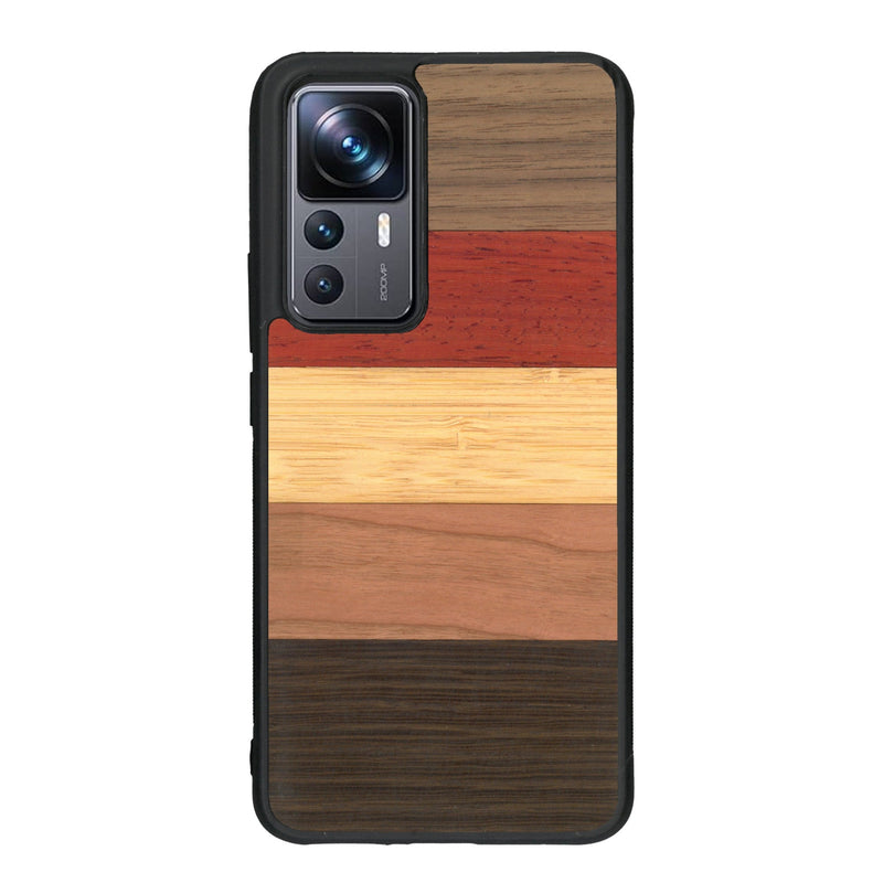 Coque de protection en bois véritable fabriquée en France pour Xiaomi Mi 12T Pro alliant des bandes horizontales de bambou, merisier, padouk, noyer et chêne fumé