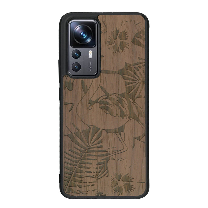 Coque de protection en bois véritable fabriquée en France pour Xiaomi Mi 12T Pro sur le thème de la nature et des animaux représentant un flamant rose entre des fougères