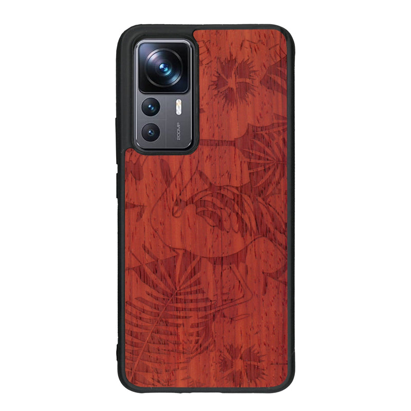 Coque de protection en bois véritable fabriquée en France pour Xiaomi Mi 12T Pro sur le thème de la nature et des animaux représentant un flamant rose entre des fougères