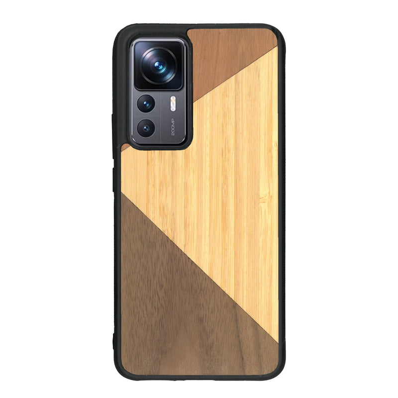 Coque de protection en bois véritable fabriquée en France pour Xiaomi Mi 12T Pro alliant du merisier, du noyer et du bambou formant chacun deux triangles et un trapèze avec deux jointures en diagonale sur le thème de l'art abstrait