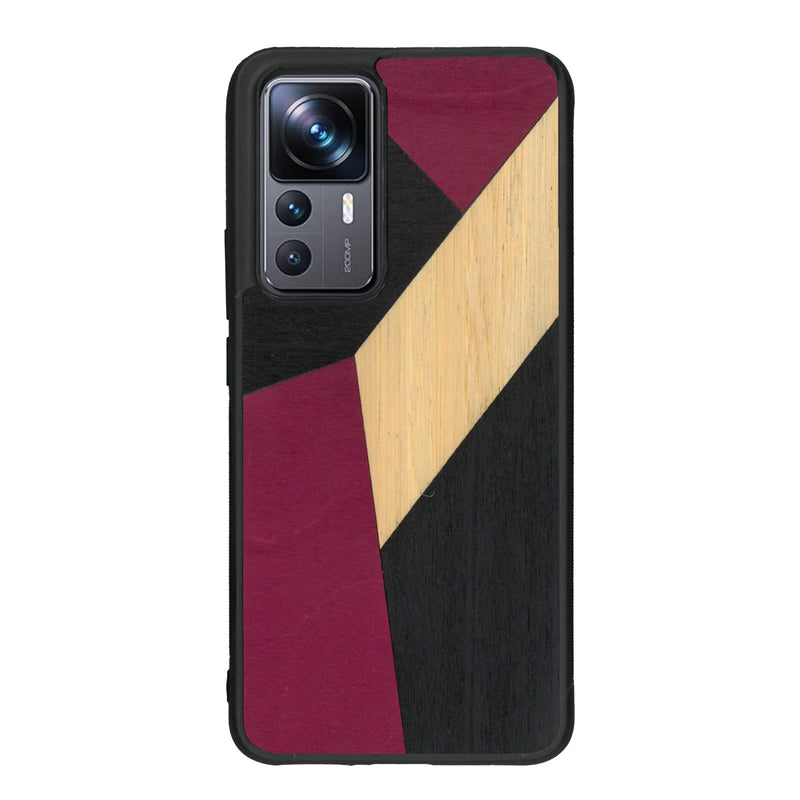 Coque de protection en bois véritable fabriquée en France pour Xiaomi Mi 12T Pro alliant du bambou, du tulipier rose et noir en forme de mosaïque minimaliste sur le thème de l'art abstrait