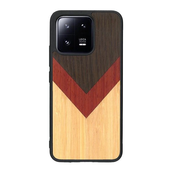 Coque de protection en bois véritable fabriquée en France pour Xiaomi Mi 13 alliant du chêne fumé, du padouk et du bambou en forme de chevron sur le thème de l'art abstrait