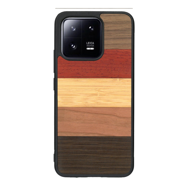 Coque de protection en bois véritable fabriquée en France pour Xiaomi Mi 13 alliant des bandes horizontales de bambou, merisier, padouk, noyer et chêne fumé