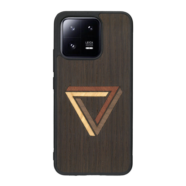 Coque de protection en bois véritable fabriquée en France pour Xiaomi Mi 13 sur le thème de l'art géométrique qui allie du chêne fumé, du noyer, du bambou et du padouk représentant le triangle de penrose