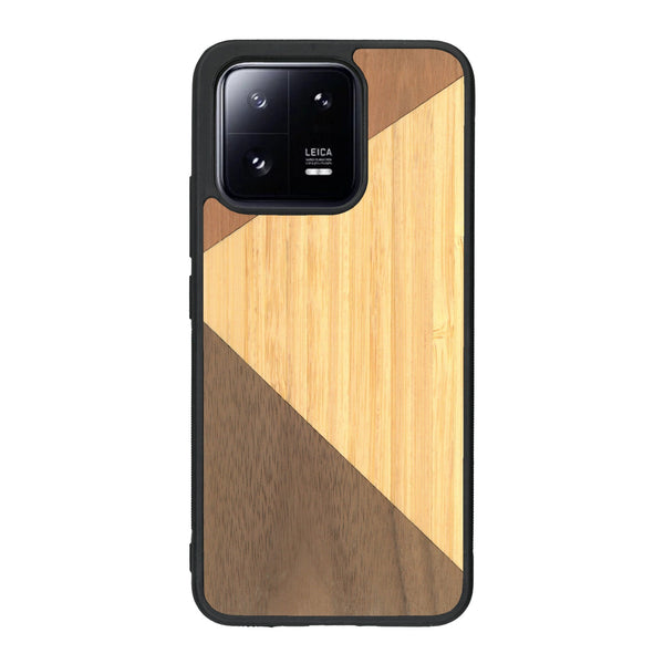 Coque de protection en bois véritable fabriquée en France pour Xiaomi Mi 13 alliant du merisier, du noyer et du bambou formant chacun deux triangles et un trapèze avec deux jointures en diagonale sur le thème de l'art abstrait