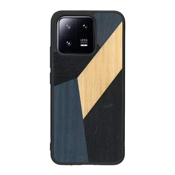 Coque de protection en bois véritable fabriquée en France pour Xiaomi Mi 13 alliant du bambou, du tulipier bleu et noir en forme de mosaïque minimaliste sur le thème de l'art abstrait