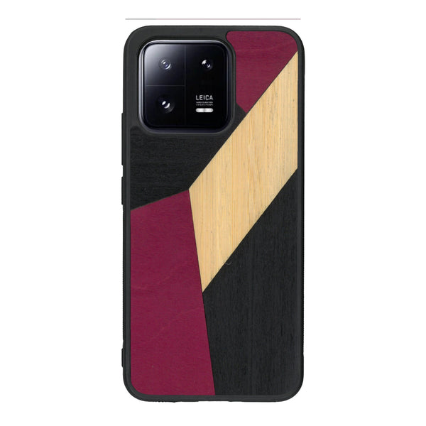 Coque de protection en bois véritable fabriquée en France pour Xiaomi Mi 13 alliant du bambou, du tulipier rose et noir en forme de mosaïque minimaliste sur le thème de l'art abstrait