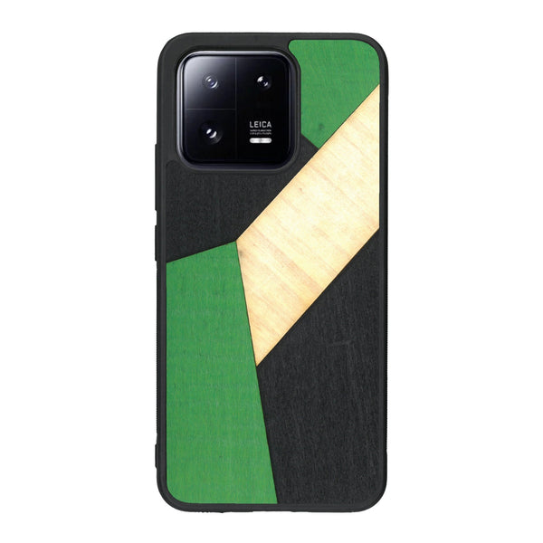 Coque de protection en bois véritable fabriquée en France pour Xiaomi Mi 13 alliant du bambou, du tulipier vert et noir en forme de mosaïque minimaliste sur le thème de l'art abstrait