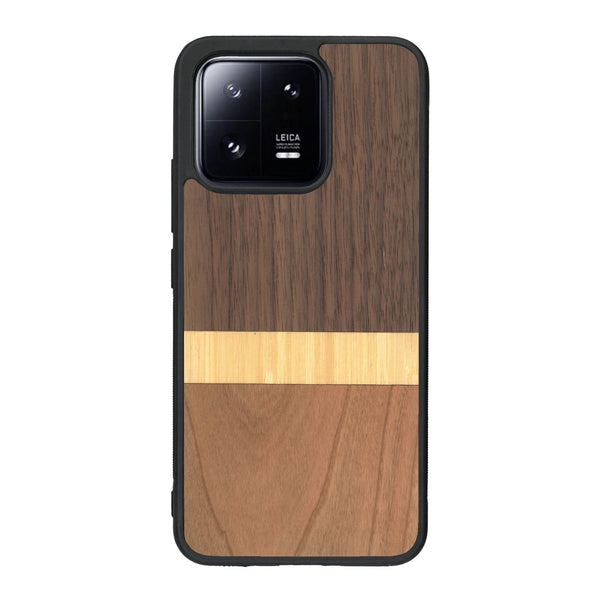 Coque de protection en bois véritable fabriquée en France pour Xiaomi Mi 13 alliant des bandes horizontales de bambou, merisier et noyer