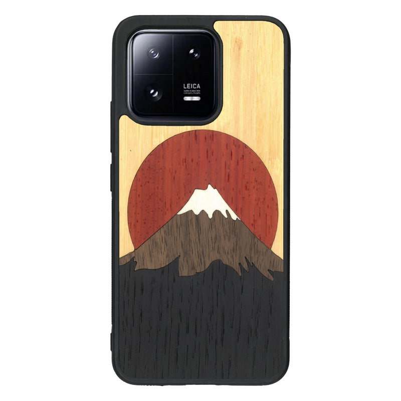 Coque de protection en bois véritable fabriquée en France pour Xiaomi Mi 13 alliant plusieurs essences de bois pour représenter le mont Fuji