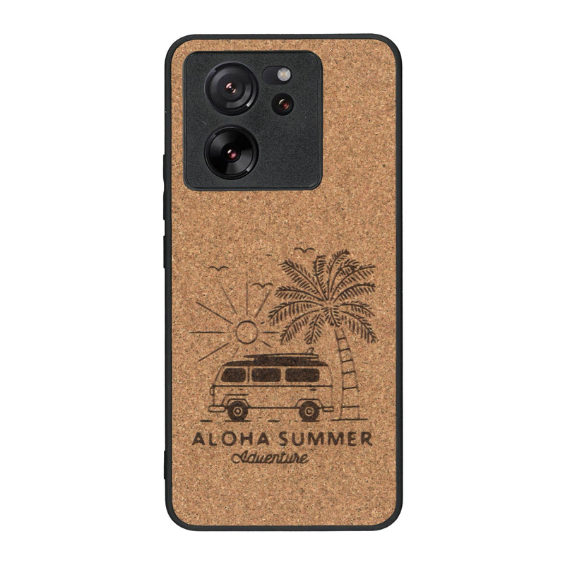 Coque de protection en bois véritable fabriquée en France pour Xiaomi Mi 13 T sur le thème de la plage, de l'été et vanlife.