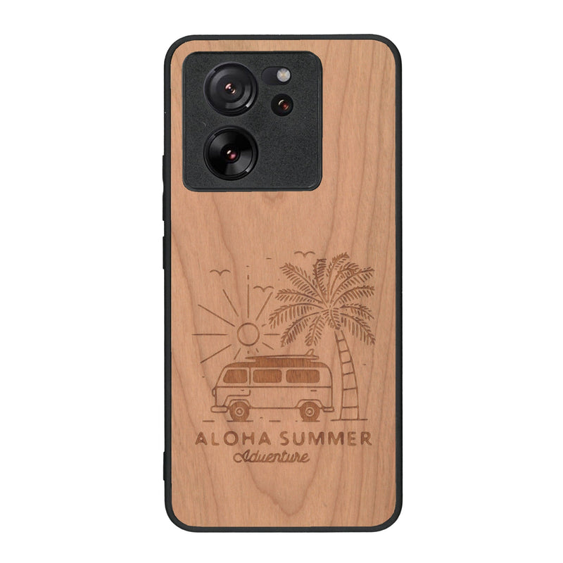 Coque de protection en bois véritable fabriquée en France pour Xiaomi Mi 13 T sur le thème de la plage, de l'été et vanlife.