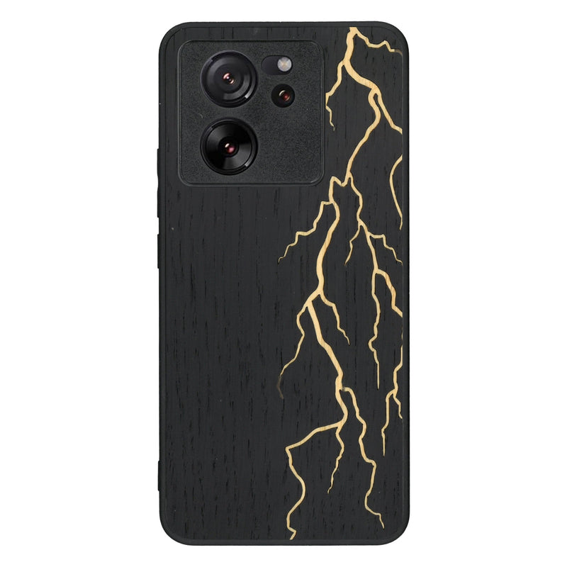 Coque de protection en bois véritable fabriquée en France pour Xiaomi Mi 13T alliant plusieurs essences de bois pour représenter un éclair divin