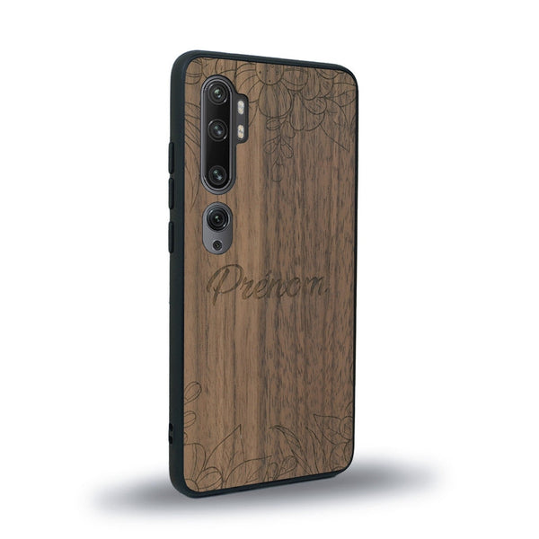 Coque de protection en bois véritable fabriquée en France pour Xiaomi Mi Note 10 Pro sur le thème de la fête des mères avec un motif représentant des fleurs et des feuilles