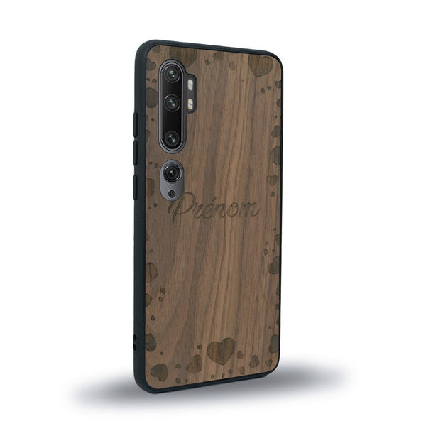 Coque de protection en bois véritable fabriquée en France pour Xiaomi Mi Note 10 Pro sur le thème de la fête des mères avec un motif représentant des coeurs et des feuilles