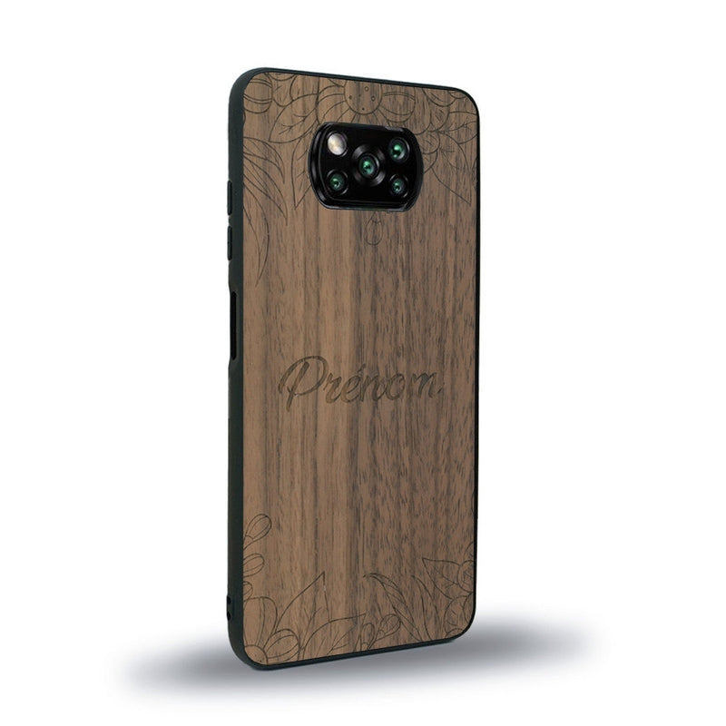 Coque de protection en bois véritable fabriquée en France pour Xiaomi Poco X3 Nfc sur le thème de la fête des mères avec un motif représentant des fleurs et des feuilles