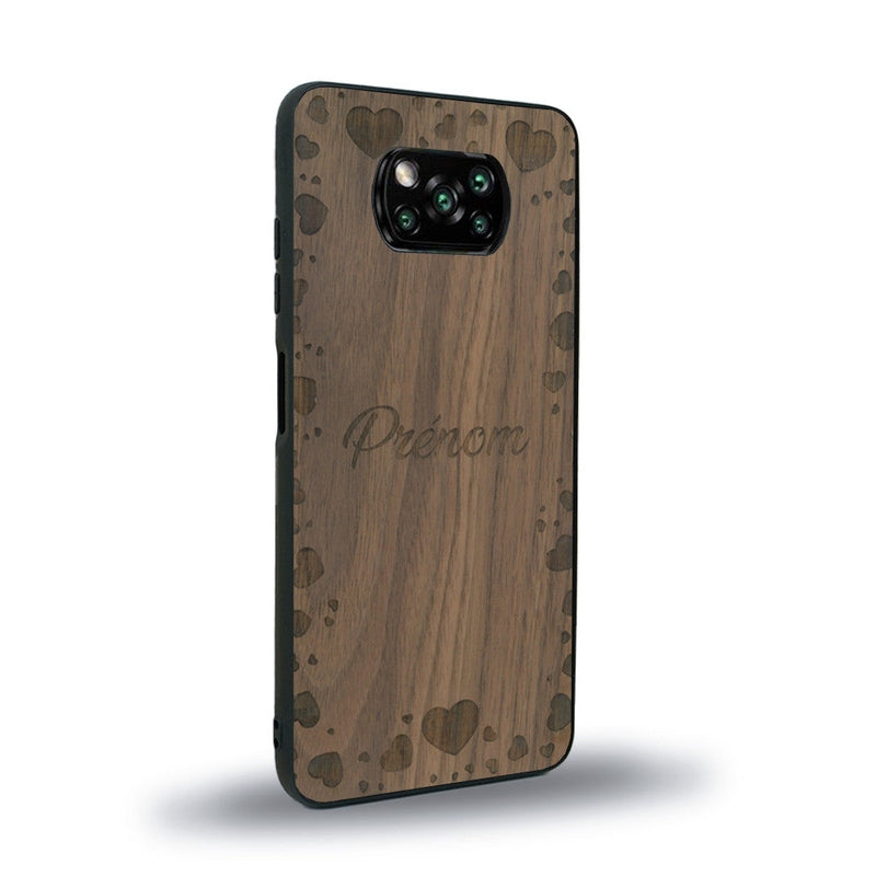 Coque de protection en bois véritable fabriquée en France pour Xiaomi Poco X3 Nfc sur le thème de la fête des mères avec un motif représentant des coeurs et des feuilles