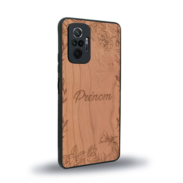 Coque de protection en bois véritable fabriquée en France pour Xiaomi Redmi Note 10 Pro sur le thème de la fête des mères avec un motif représentant des fleurs et des feuilles