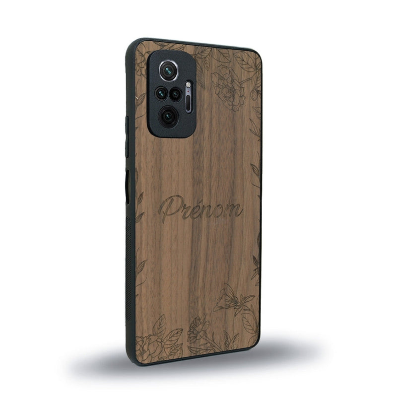 Coque de protection en bois véritable fabriquée en France pour Xiaomi Redmi Note 10 Pro sur le thème de la fête des mères avec un motif représentant des fleurs et des feuilles