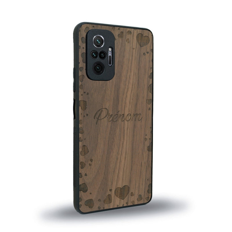 Coque de protection en bois véritable fabriquée en France pour Xiaomi Redmi Note 10 Pro sur le thème de la fête des mères avec un motif représentant des coeurs et des feuilles