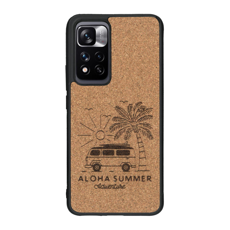 Coque de protection en bois véritable fabriquée en France pour Xiaomi Redmi Note 11 5G sur le thème de la plage, de l'été et vanlife.