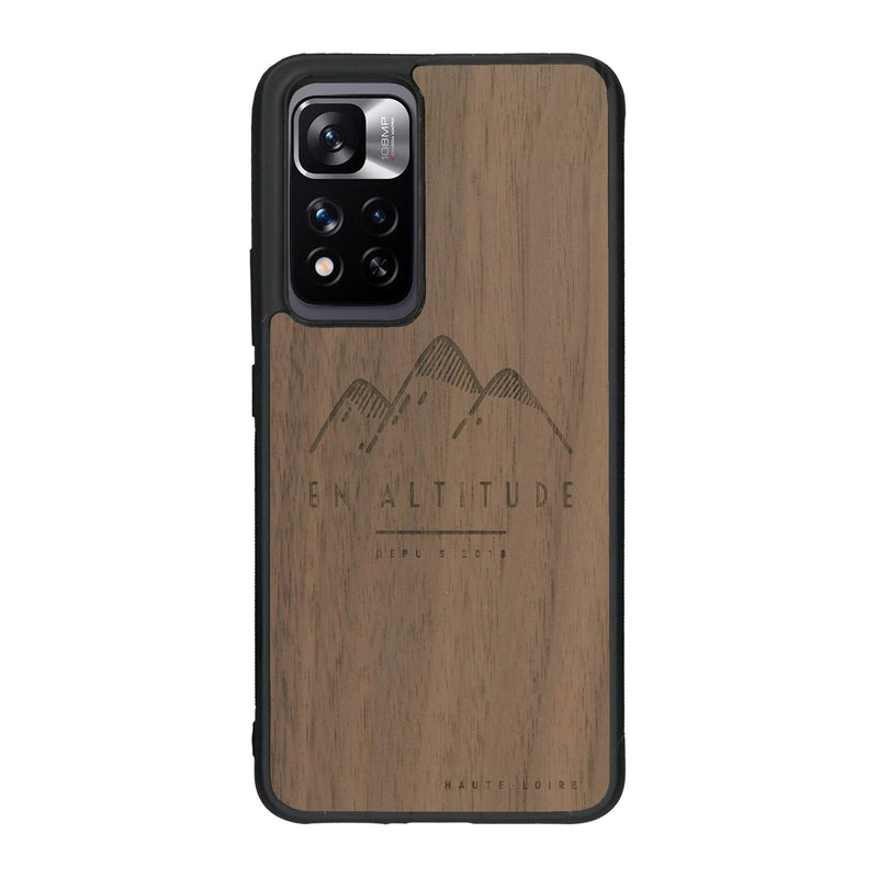 Coque de protection en bois véritable fabriquée en France pour Xiaomi Redmi Note 11 5G représentant des montagnes, sur le thème de la randonnée en pleine nature et du trail