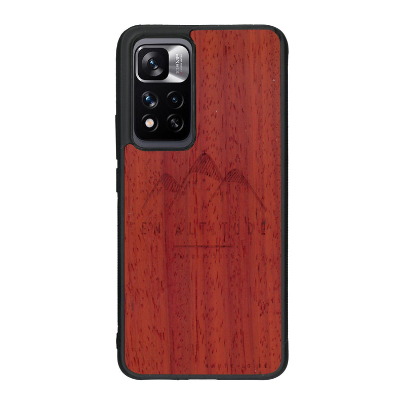 Coque de protection en bois véritable fabriquée en France pour Xiaomi Redmi Note 11 5G représentant des montagnes, sur le thème de la randonnée en pleine nature et du trail