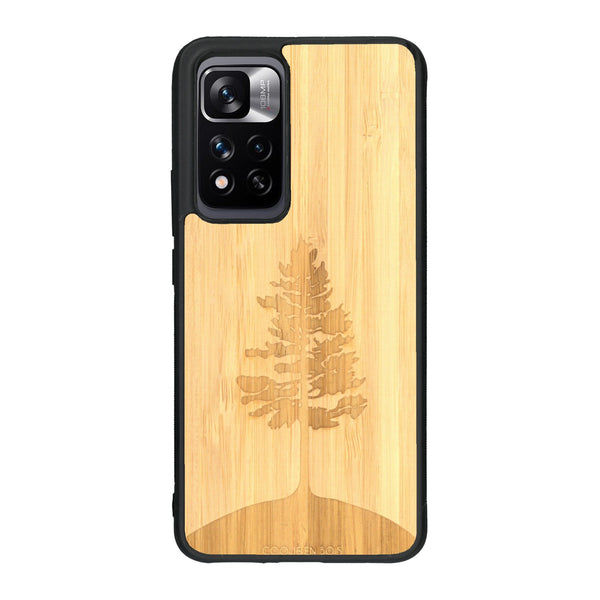 Coque de protection en bois véritable fabriquée en France pour Xiaomi Redmi Note 11 5G sur le thème de la nature, de la fôret et de l'écoresponsabilité avec une gravure représentant un arbre 