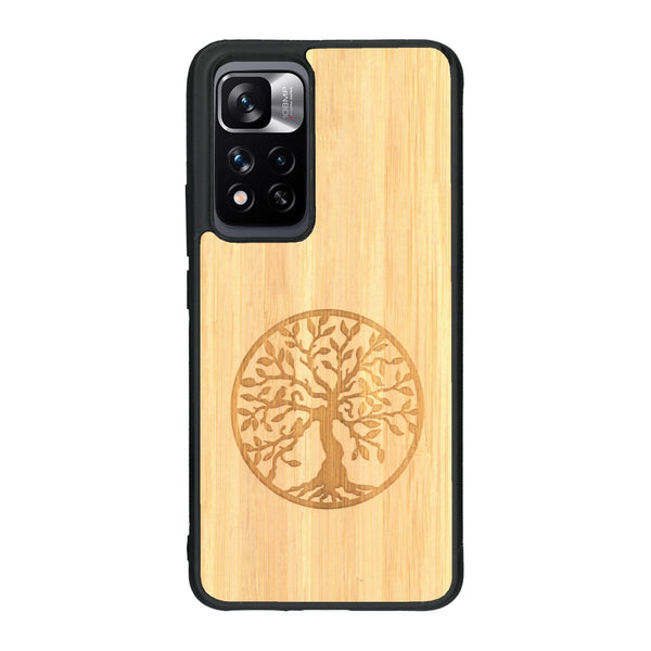 Coque de protection en bois véritable fabriquée en France pour Xiaomi Redmi Note 11 5G sur le thème de la spiritualité et du yoga avec une gravure zen représentant un arbre de vie