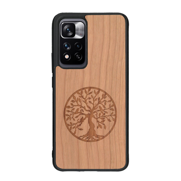 Coque de protection en bois véritable fabriquée en France pour Xiaomi Redmi Note 11 5G sur le thème de la spiritualité et du yoga avec une gravure zen représentant un arbre de vie