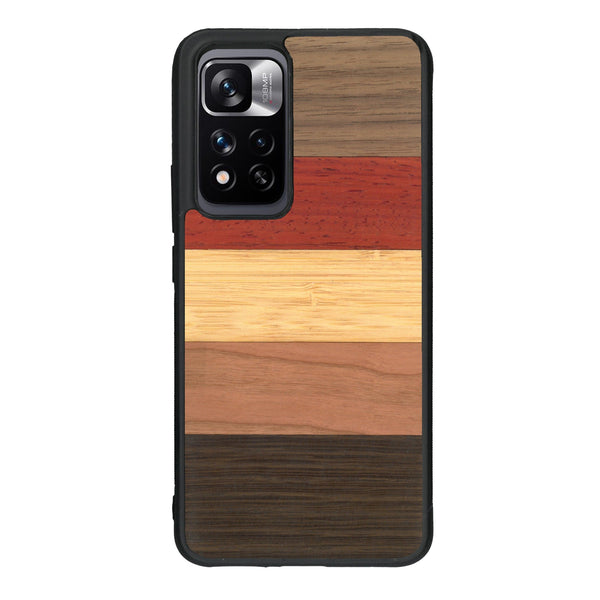 Coque de protection en bois véritable fabriquée en France pour Xiaomi Redmi Note 11 5G alliant des bandes horizontales de bambou, merisier, padouk, noyer et chêne fumé