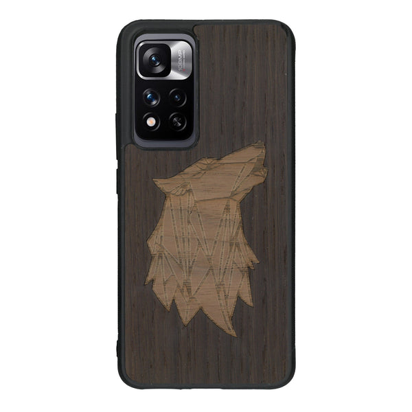 Coque de protection en bois véritable fabriquée en France pour Xiaomi Redmi Note 11 5G alliant du chêne fumé et du noyer représentant une tête de loup géométrique de profil sur le thème des animaux et de la nature