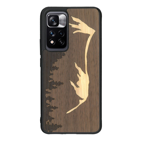 Coque de protection en bois véritable fabriquée en France pour Xiaomi Redmi Note 11 5G sur le thème de la nature et de la montagne qui allie du chêne fumé, du noyer et du bambou représentant le mont mézenc