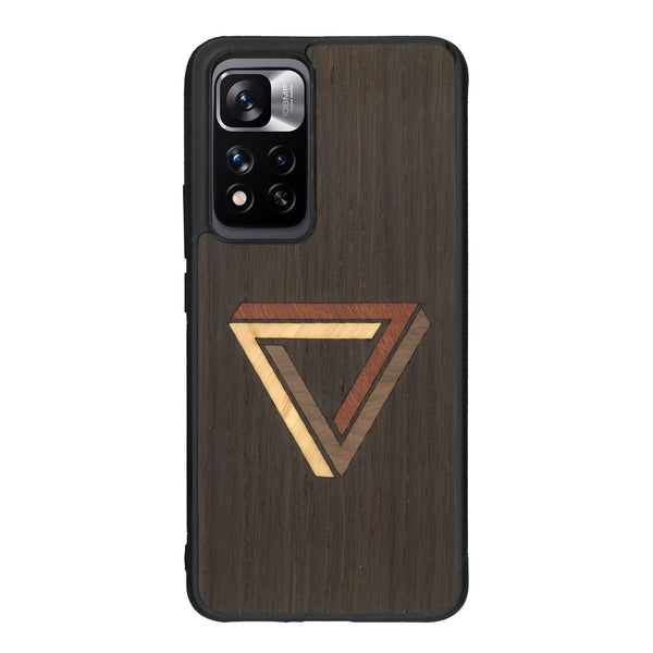 Coque de protection en bois véritable fabriquée en France pour Xiaomi Redmi Note 11 5G sur le thème de l'art géométrique qui allie du chêne fumé, du noyer, du bambou et du padouk représentant le triangle de penrose