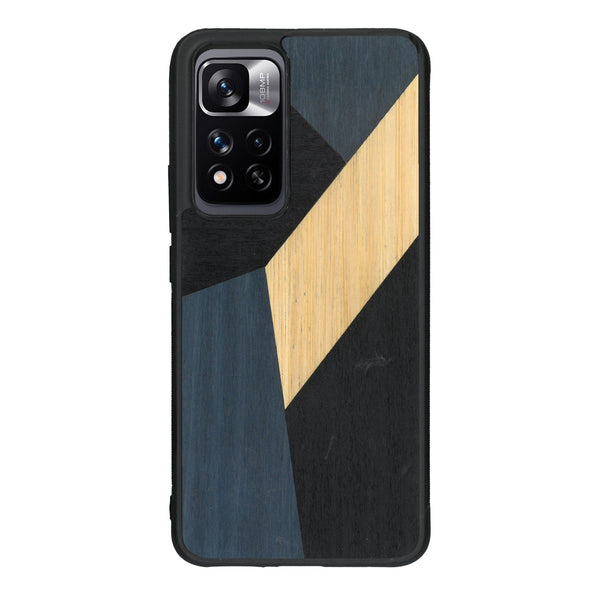 Coque de protection en bois véritable fabriquée en France pour Xiaomi Redmi Note 11 5G alliant du bambou, du tulipier bleu et noir en forme de mosaïque minimaliste sur le thème de l'art abstrait