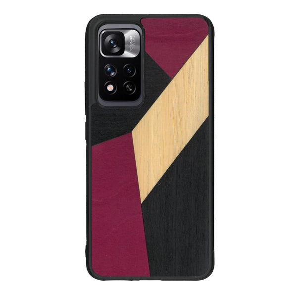 Coque de protection en bois véritable fabriquée en France pour Xiaomi Redmi Note 11 5G alliant du bambou, du tulipier rose et noir en forme de mosaïque minimaliste sur le thème de l'art abstrait