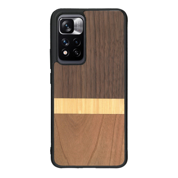 Coque de protection en bois véritable fabriquée en France pour Xiaomi Redmi Note 11 5G alliant des bandes horizontales de bambou, merisier et noyer