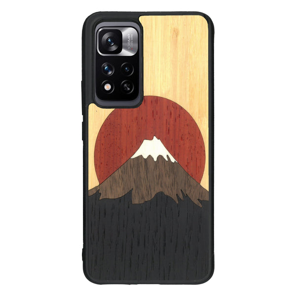 Coque de protection en bois véritable fabriquée en France pour Xiaomi Redmi Note 11 5G alliant plusieurs essences de bois pour représenter le mont Fuji